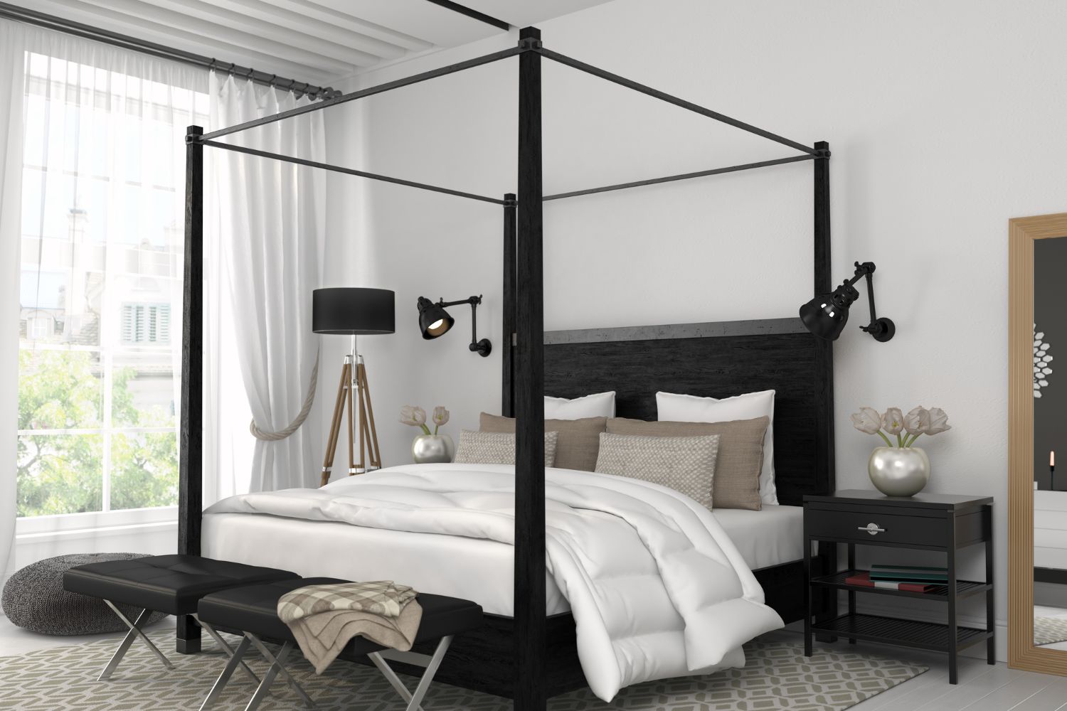 dormitorio pintado de blanco con muebles oscuros