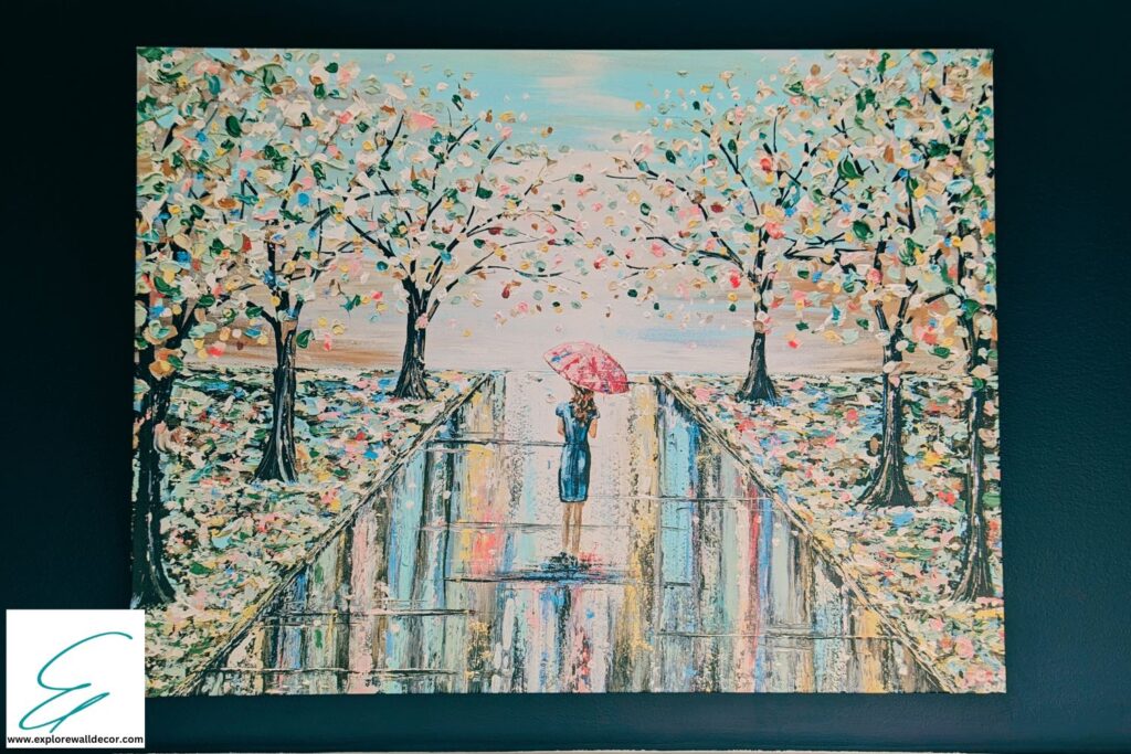 cuadro de mujer de pie bajo la lluvia sujetando un paraguas