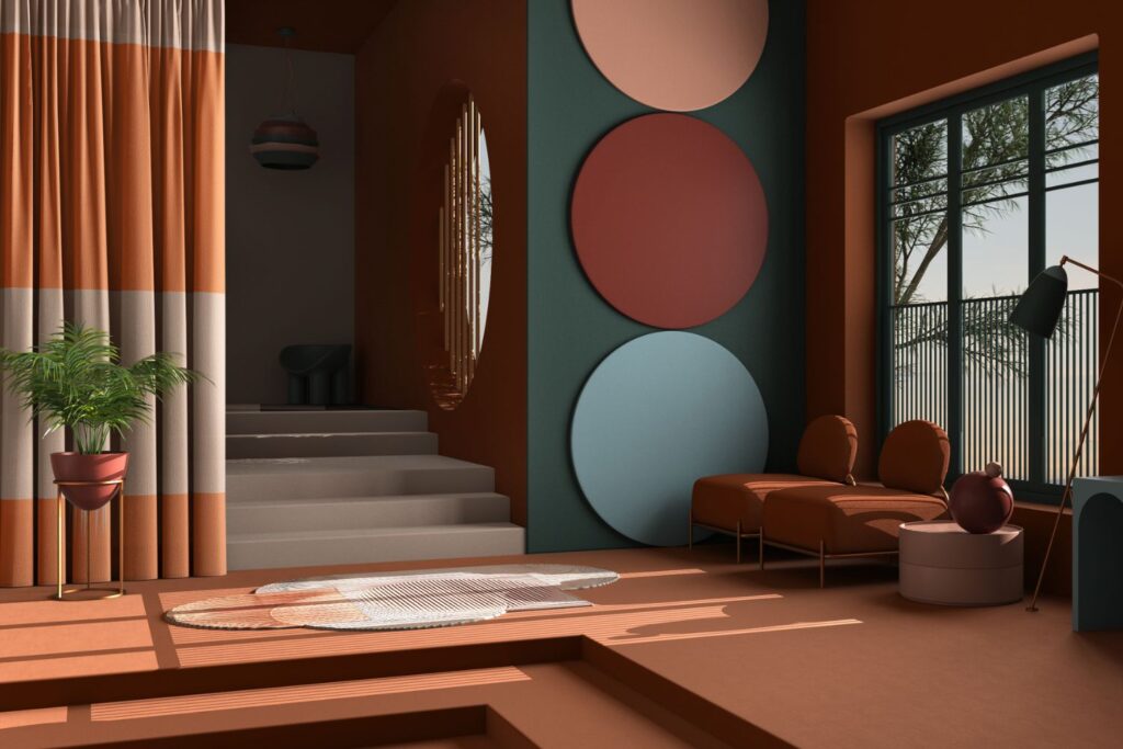 salón con combinación de colores verde y rojo