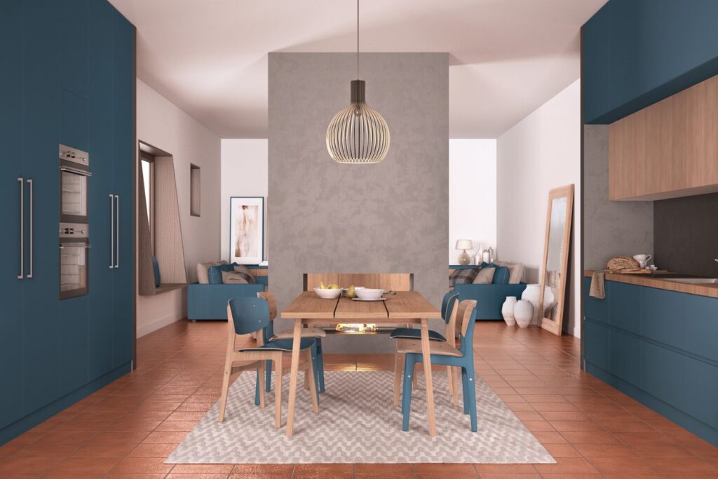 salón con colores de pared verde azulado y gris