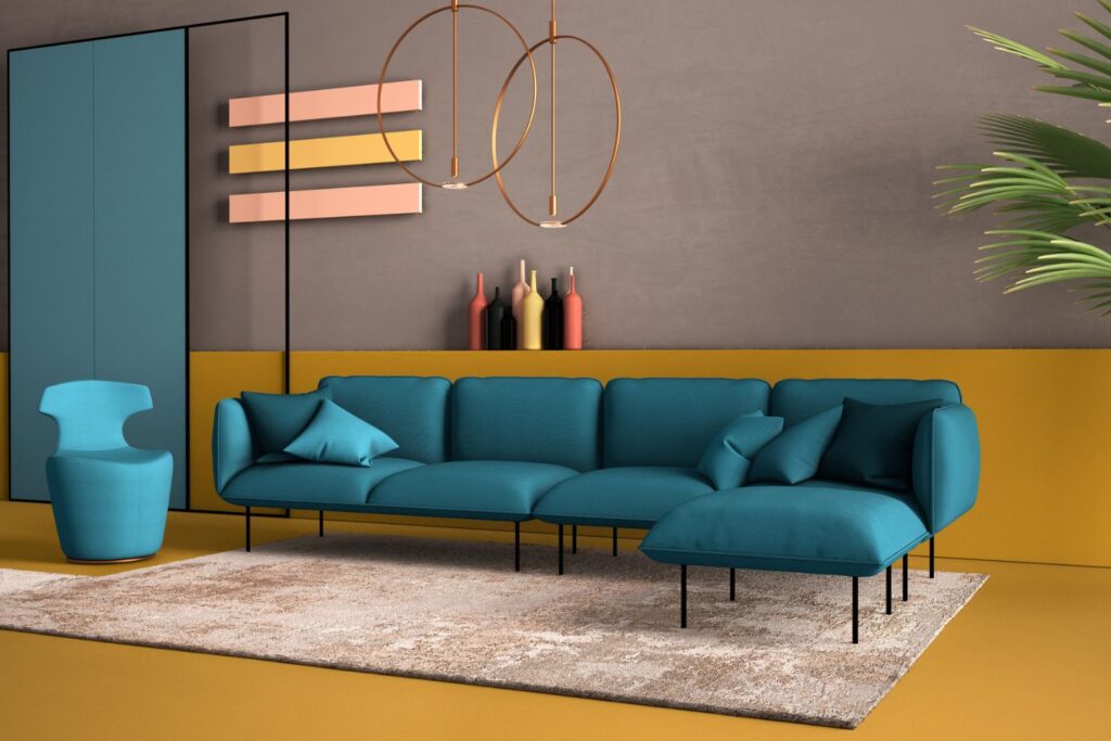 sala de estar con colores de pared azul, gris y dorado