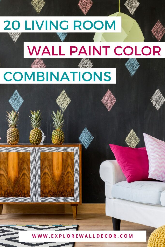 sala de estar con pared de pintura de pizarra; texto que dice: 20 combinaciones de colores de pintura de pared de sala de estar